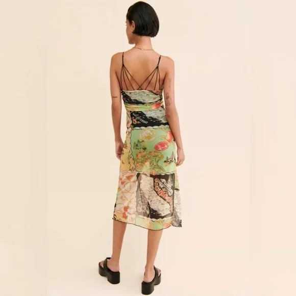 Urban Outfitters Map Print Cowl Neck Slip Midi Dress California Theme M - Picture 8 of 11
